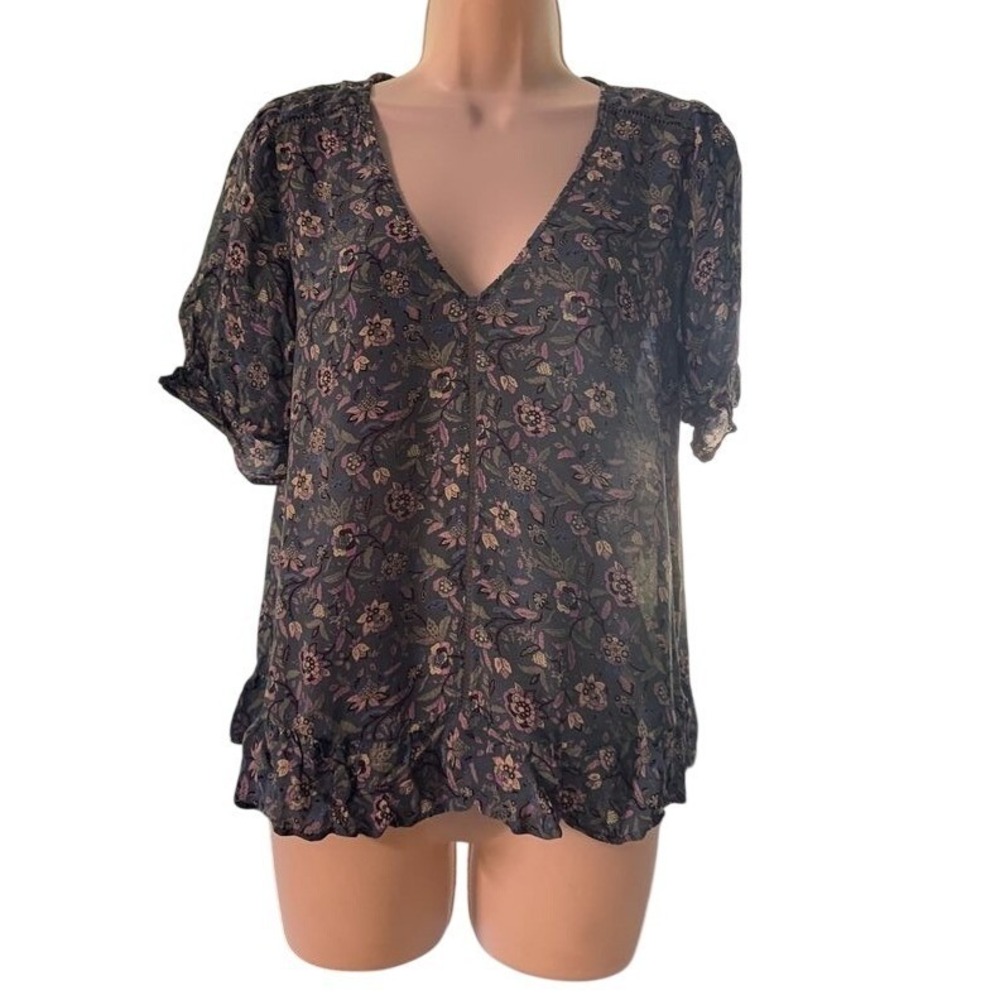 Lucky Brand Floral V-Neck Peasant Blouse‎ Teal Green Boho Lace Trim Top XS